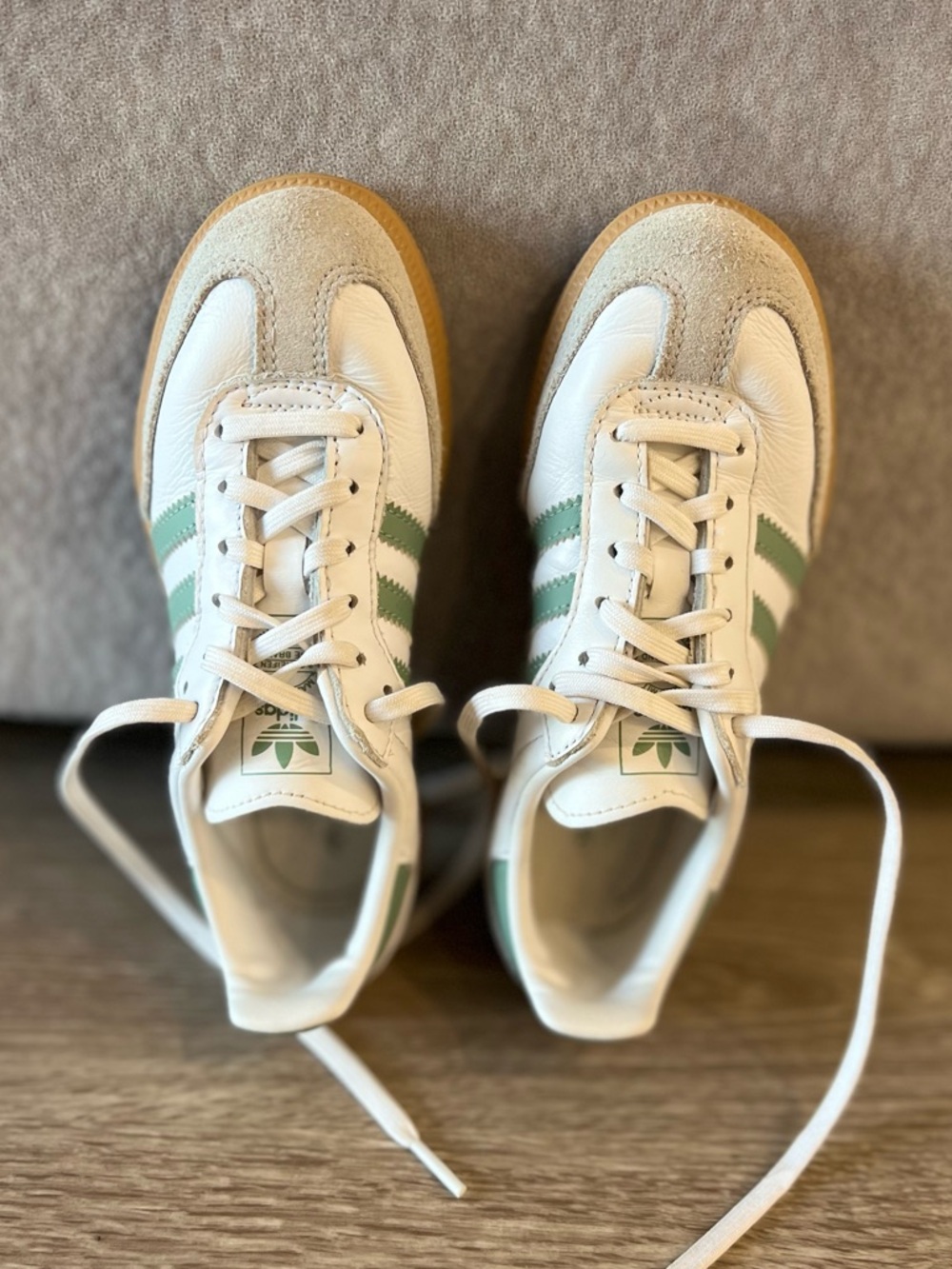 adidas Kids White Sneakers with Green Stripes and Gum Sole